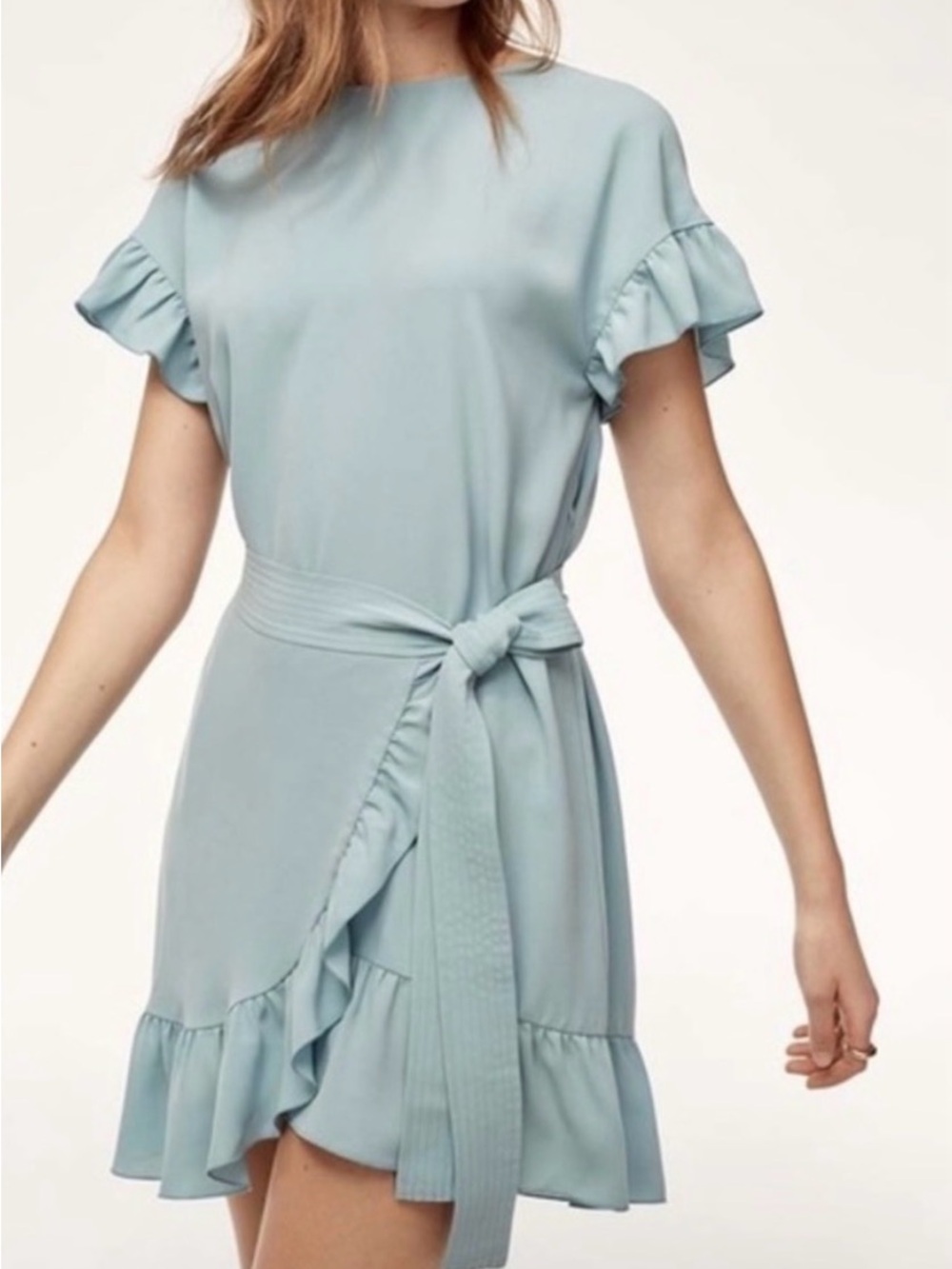 Aritzia Wilfred Light Blue Ruffle Tie-Waist Mini Dress